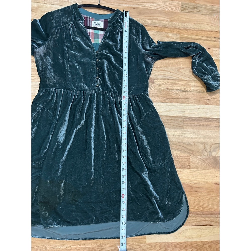 Holding Horses Nantes Velvet V Neck Button Front Babydoll Dress Teal Green M - Picture 9 of 11
